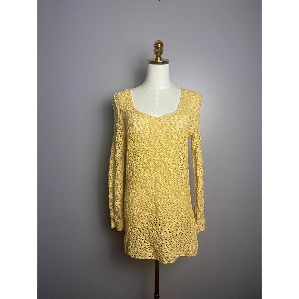 Boho Crochet Knit Tunic Dress Yellow Long Sleeve Open Knit  Beach Cover Up S